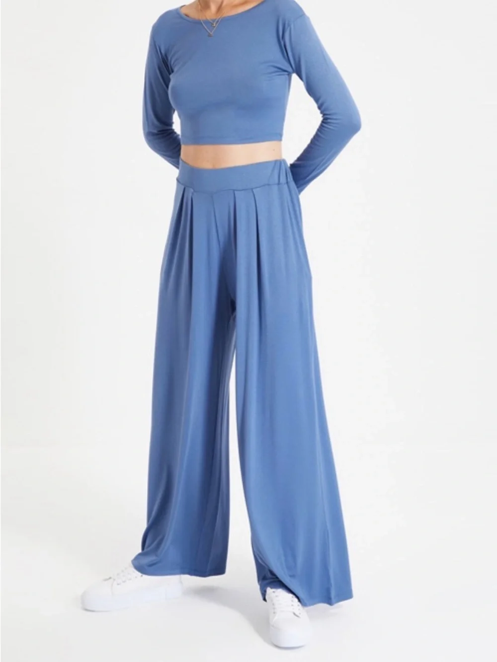Woman Blue Two-Piece Wide Leg Pants & Crop Top Set – Size S – New With Tag